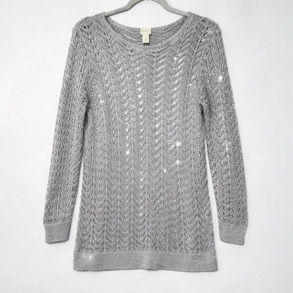 Chico's Metallic Open Knit Top Womens 3 Silver Crochet Tunic Glam Beach Cover Up - Picture 2 of 11